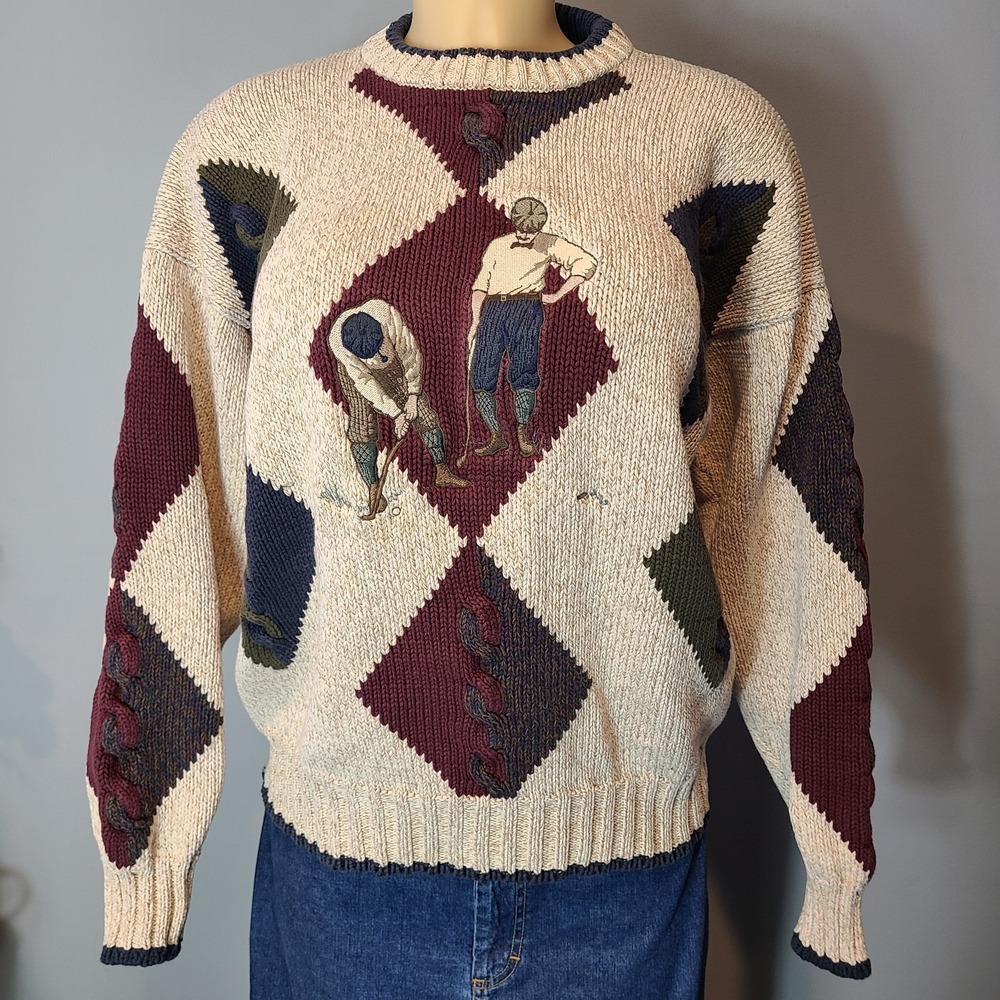 Gant Hand Intarsia Sweater Sz Medium Golf Embroidered Old Money Bloke Vintage 90